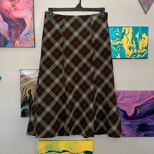 A brown and blue plaid midi skirt